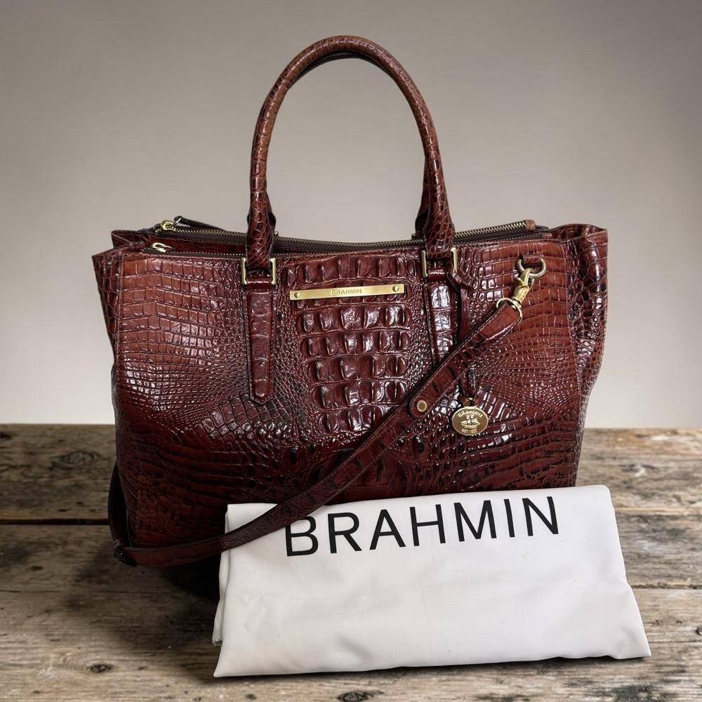 BRAHMIN LARGE LINCOLN SATCHEL PECAN MELBOURNE CROC EMBOSSED BAG W/DUSTBAG